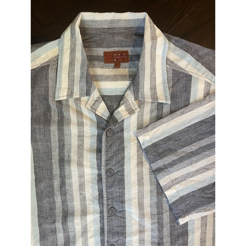 Prestige PD Button Down Shirt Men XL Grey Blue Striped 100% Linen Short Sleeve